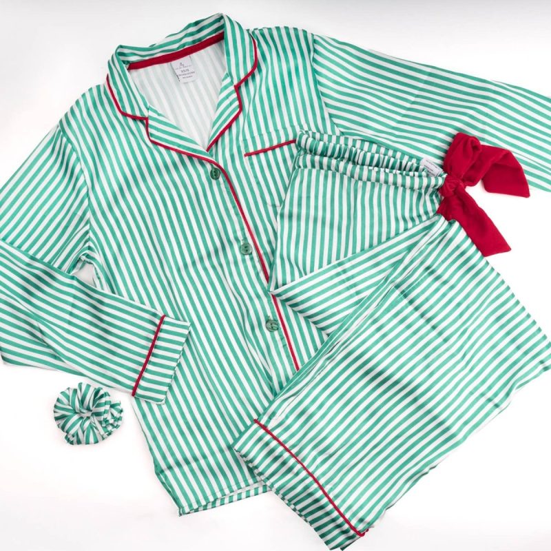 Green Stripe Satin Pant PJ Set - Pajamas - 8 Oak Lane - The Grove