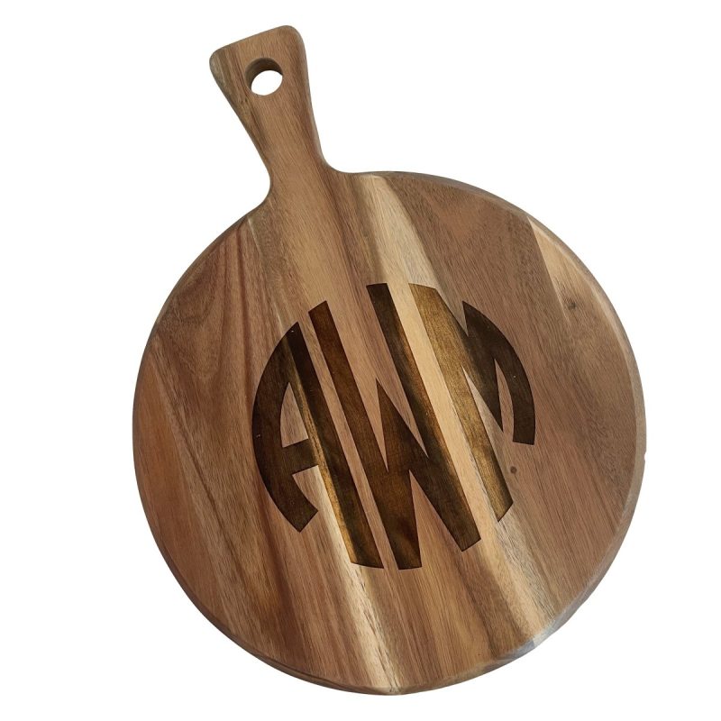 personalized round acacia wood cutting board with handleclementine wpthe grove 752594