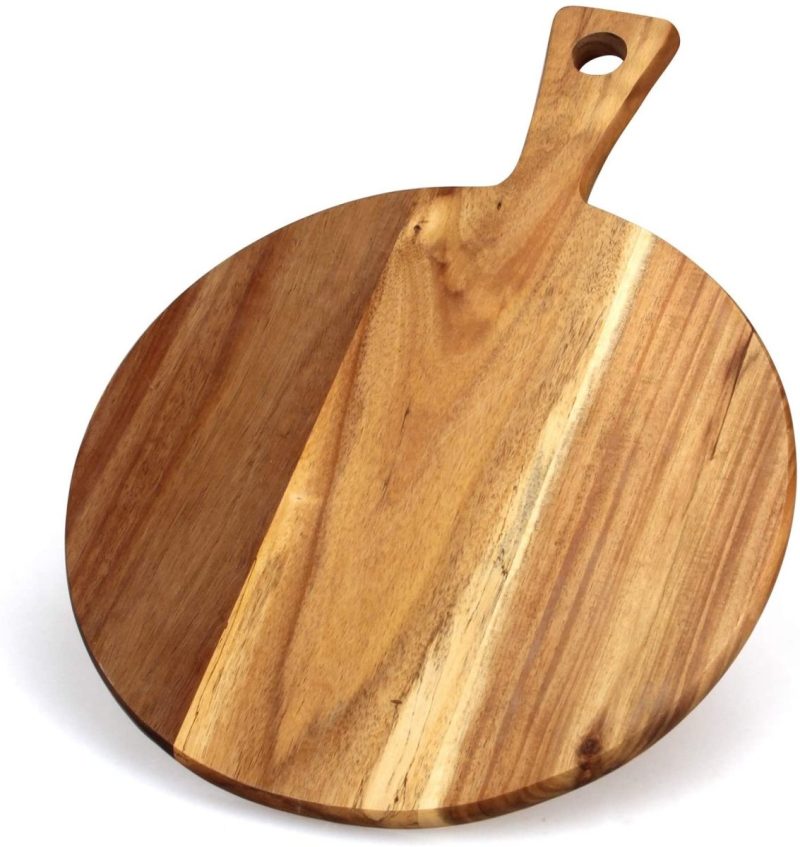 personalized round acacia wood cutting board with handleclementine wpthe grove 842009