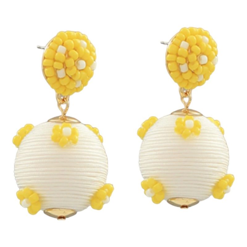 seed bead flower ball drop earrings white yellowtwistthe grove 978124